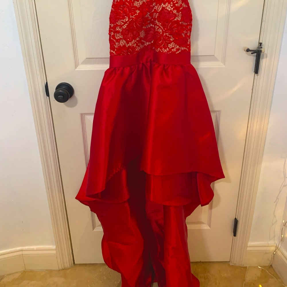 Red satin high low dress
